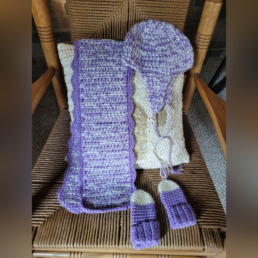 Handmade, hat, mittens, and scarf set.